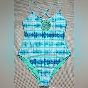 O’Rageous One Piece Mint Green Blue Criss Cross Straps Bathing Suit Swim Size L